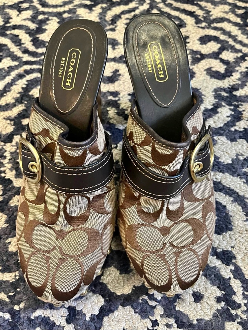 Coach Brown Signature Canvas Mule Clogs with Gold Buckle
